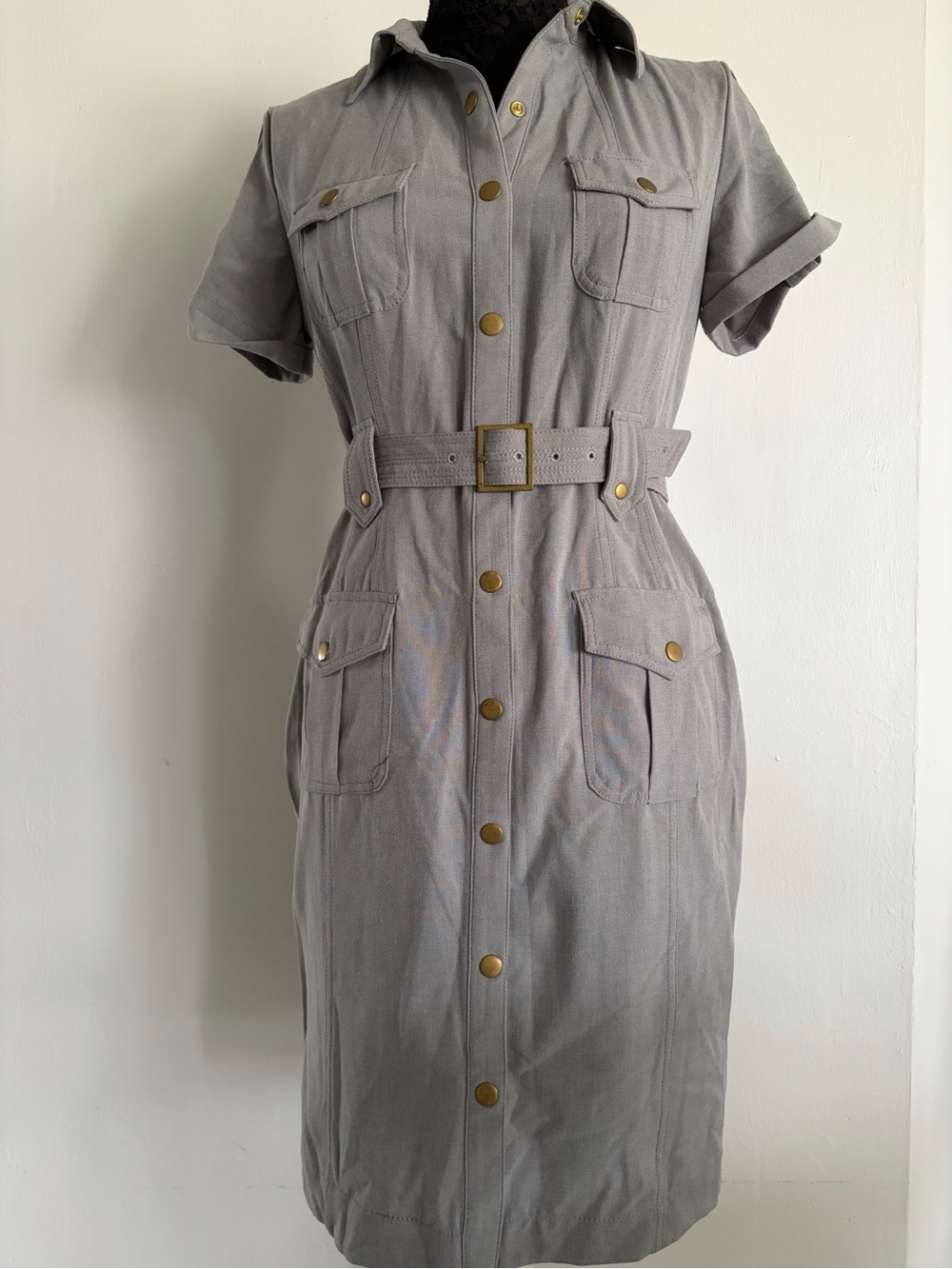 Calvin Klein Gray Short-Sleeve Utility Shirt Dress with Belt